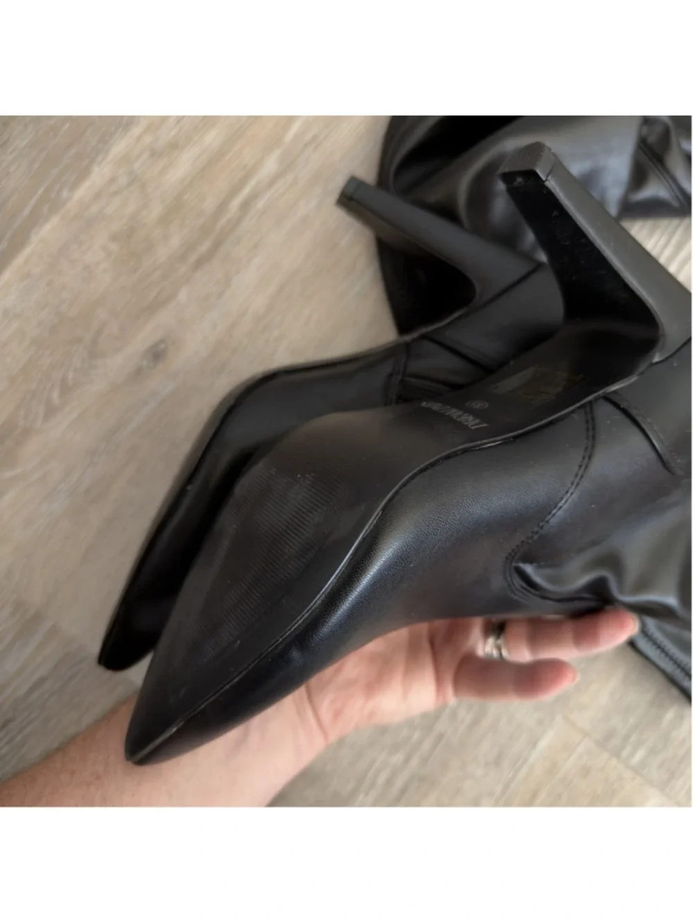 Womens 8.5 Black Thigh-High Stiletto Pointed Toe Faux Leather Boots Gothic Witch